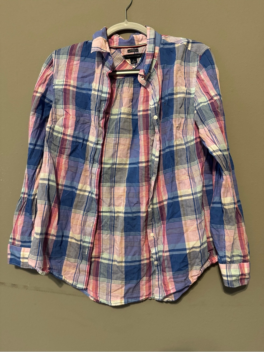 Tommy Hilfiger Blue & Pink Plaid Cotton Button-Down Shirt